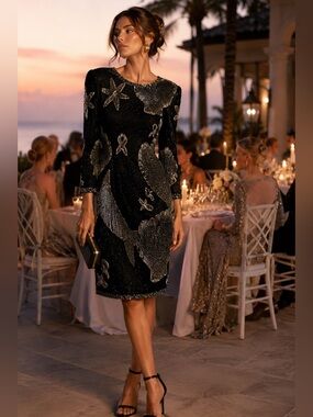 Vintage Caché Black Beaded Evening Dress 12 Open Back Starfish Pearl Cocktail